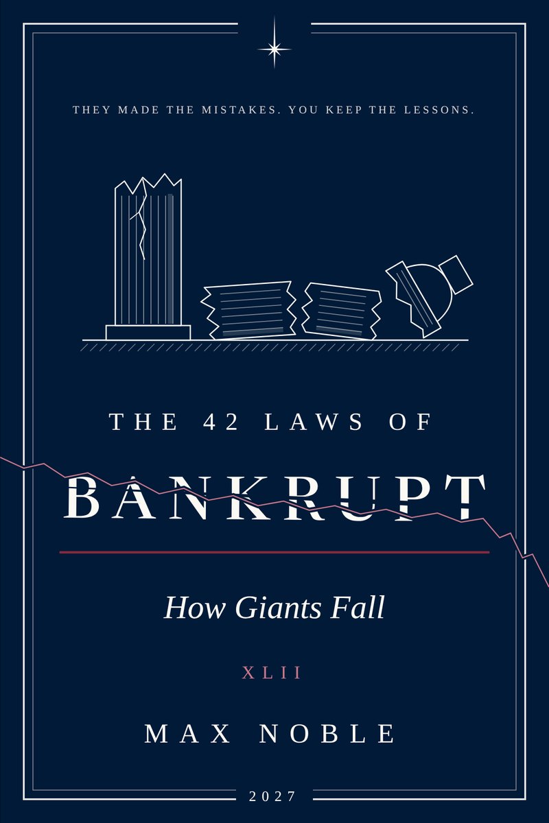 The 42 Laws of BANKRUPT, the Signed First Edition of 2027: Nordic navy, the North Star at its head, a fallen column, and a crack through the title